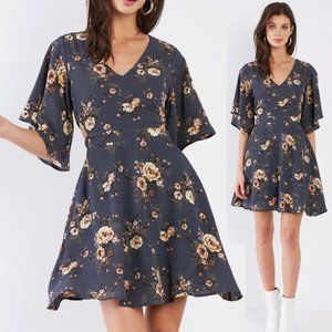 Blue Floral V Neck Kimono Sleeves Fit Flare Dress